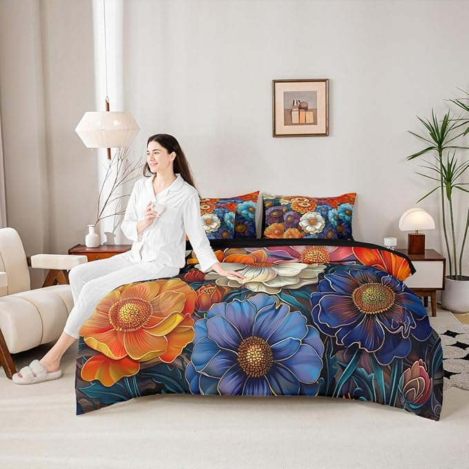 Erosebridal Floral King Comforter Set Boho Flowers 7-Piece Bed in A Bag Garden Pony Rainbow Colorful Dreamy Sheets and Pillowcases Gold White Bed Sets