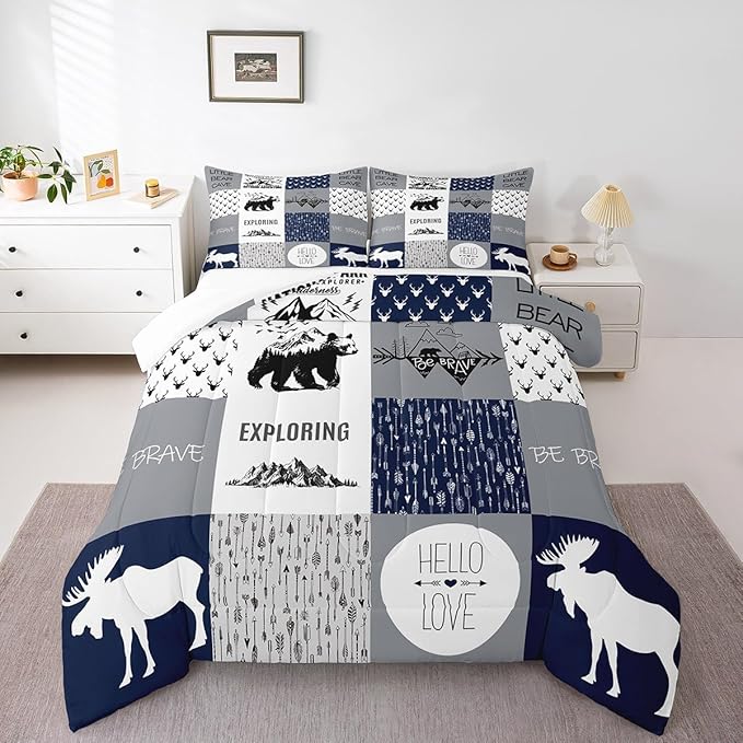 Feelyou Bear Deer Comforter Set Hunting Camping Bedding Set for Kids Boys Girls Deer Antler Comforter Rustic Cabin Plaid Duvet Set 1 Comforter Set with 2 Pillowcases King Size Boys