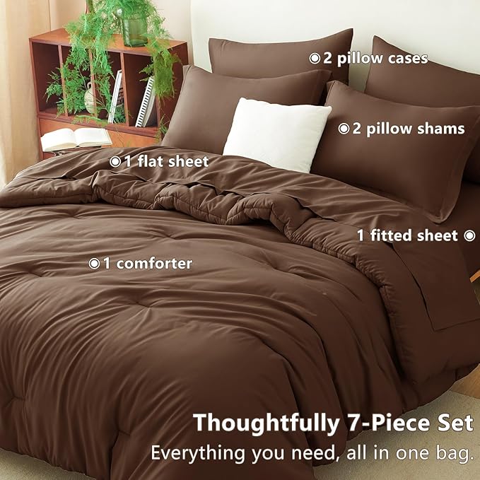 CozyLux King Size Comforter Set Brown, 7 Pieces Bed in a Bag King Comforter Set with Sheets, Soft Bedding Set with Down Alternative Comforter, Fitted Sheets, Flat Sheets, Pillow Shams and Pillowcases