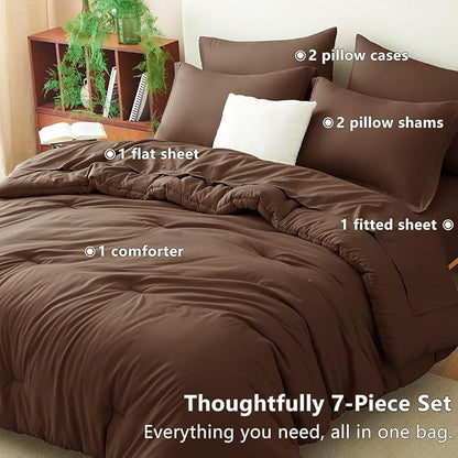 CozyLux King Size Comforter Set Brown, 7 Pieces Bed in a Bag King Comforter Set with Sheets, Soft Bedding Set with Down Alternative Comforter, Fitted Sheets, Flat Sheets, Pillow Shams and Pillowcases