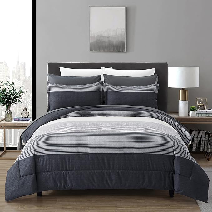 7 Pieces Bed in a Bag Black Grey Queen Size Comforter Set, Lightweight Striped Microfiber Bedding Comforter Sets for Queen Bed (1 Comforter, 2 Pillowcase, 2 Pillow Shams,1 Flat Sheet, 1 Fitted Sheet)