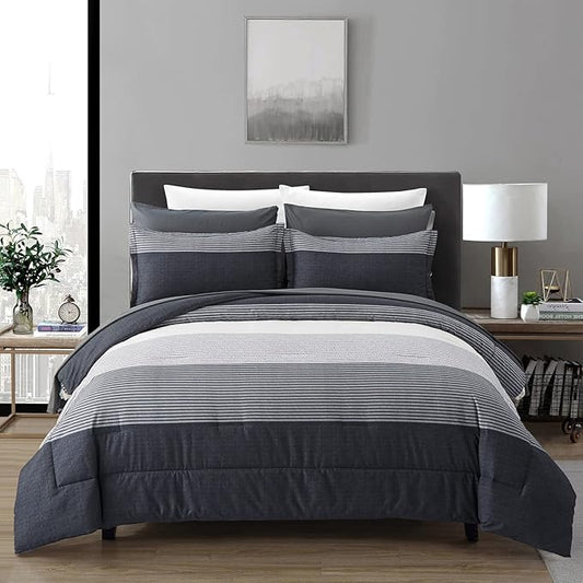 7 Pieces Bed in a Bag Black Grey Queen Size Comforter Set, Lightweight Striped Microfiber Bedding Comforter Sets for Queen Bed (1 Comforter, 2 Pillowcase, 2 Pillow Shams,1 Flat Sheet, 1 Fitted Sheet)