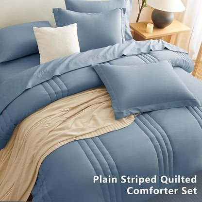 CozyLux Full Comforter Set - 7 Pieces Bed in a Bag Grayish Blue Comforter Set with Sheets Luxury Bed Set All Seasons, Soft Bedding Set with Down Alternative Comforter, Sheets, Pillowcases & Shams