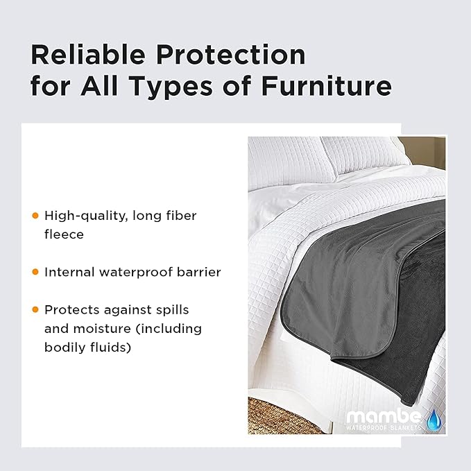 Mambe Silky Waterproof Throw for Protecting Furniture Bed Couch from Stains Caused by Dogs, Cats, Incontinence. Soft, Washable, Reversible. (Size Long/Sofa 70x120 inches, Color Black/Charcoal)
