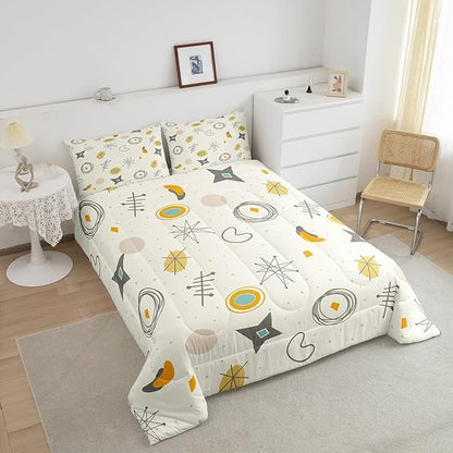 Kids Cartoon Atomic Bedding Twin Modern Mid Century Comforter Set, Retro Fifties Bedding Comforter Sets Hippie Abstract Duvet Insert, Geometric Polka Dots Down Comforter Teal Orange Room Decorative