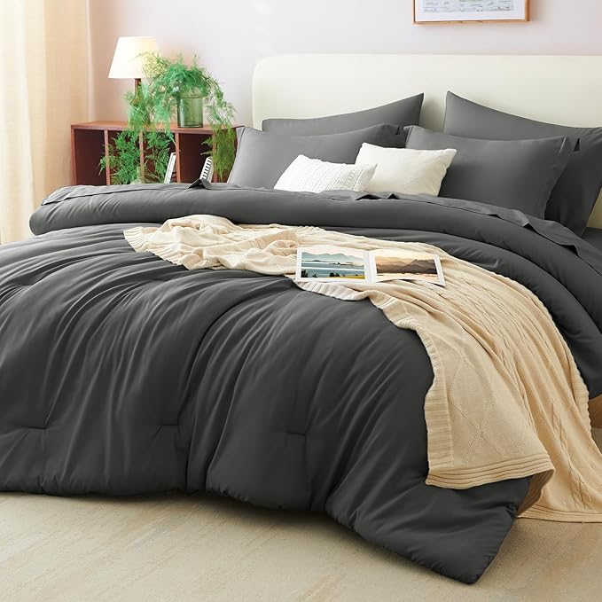 CozyLux Oversized Queen Comforter Set Dark Grey, 7 Pieces Bed in a Bag Comforter Set with Sheets, Soft Bedding Sets with Down Alternative Comforter, Fitted Sheet, Flat Sheet, Pillowcases and Shams