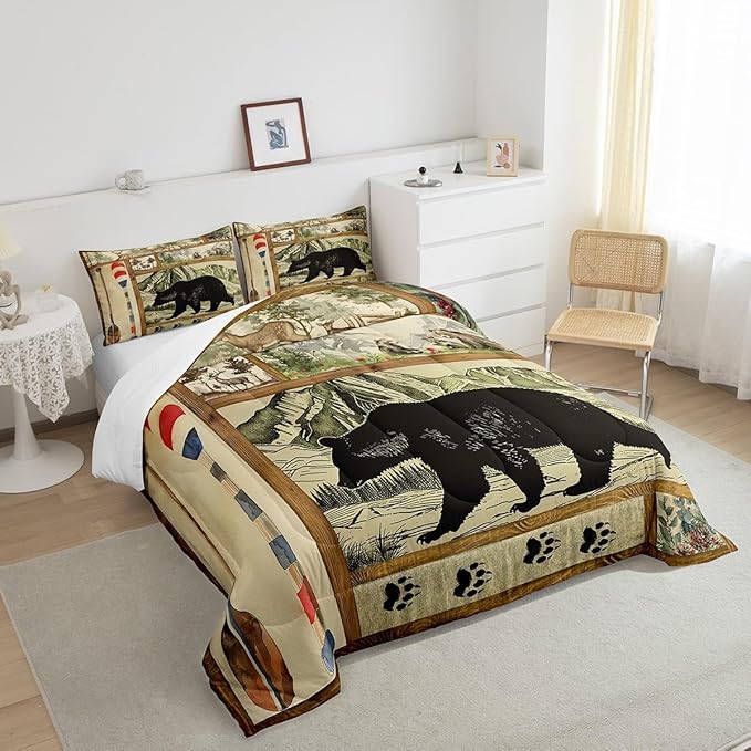 Rustic Farmhouse Comforter Set Full, Retro Hunting Bear Bedding Comforter Sets for Kids Boys, Lake House Decor Bedding for The Home, Cabin Lodge Paddle Decor Down Comforter, Moose Wildlife Duvet Set