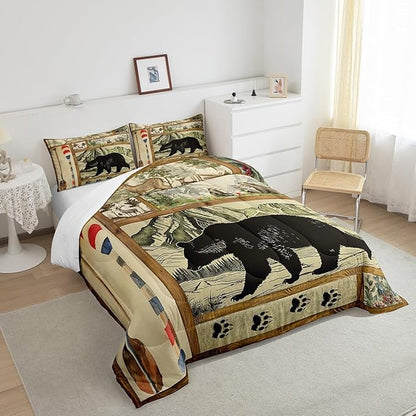 Rustic Farmhouse Comforter Set Queen, Retro Hunting Bear Bedding Comforter Sets for Kids Boys, Lake House Decor Bedding for The Home, Cabin Lodge Paddle Decor Down Comforter, Moose Wildlife Duvet Set
