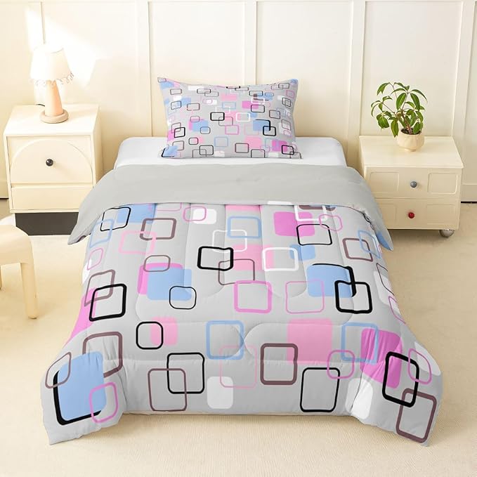 Erosebridal Pink Blue Geometric Square Comforter Set Twin Modern Abstract Striped Bedding Set Pastel Plaid Grid Comforter for Kids Girls Boys Aesthetic Gingham Checkered Quilt Duvet