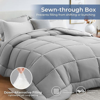 Sasttie King Size Comforter Set, 7 Pieces Bed in a Bag King, Complete Bedding Set Includes Comforter, Flat Sheet, Fitted Sheet, Pillowcases and Pillow Shams, Ivory & Light Grey