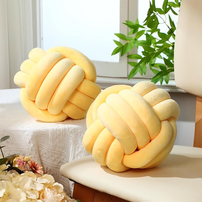 Namalu 2 Pcs Soft Knot Pillow Ball, Decorative Round Throw Knotted Pillows Cushion, Handmade Stuffed Ball Pillows for Winter Bedroom Sofa Couch Home Decor(7.87 Inches,Light Yellow)