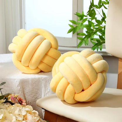 Namalu 2 Pcs Soft Knot Pillow Ball, Decorative Round Throw Knotted Pillows Cushion, Handmade Stuffed Ball Pillows for Winter Bedroom Sofa Couch Home Decor(7.87 Inches,Light Yellow)