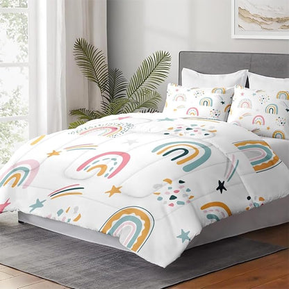 Full Size Comforter Set with 2 Pillowcases, Boho Rainbow Kids Cute Nursery Sweet Soft 3 Pcs Bedding for Kids and Adults Bedroom Bed Decor