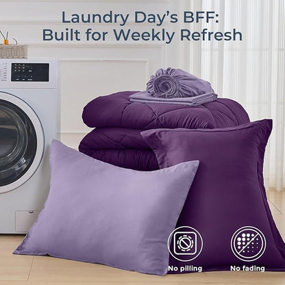 HEVUMYI Purple & Light Purple Twin Comforter Set - 5-Piece All Season Bed in a Bag Twin, Ultra Soft Bedding Set with Comforter, Flat Sheet, Fitted Sheet, Pillowcases, Pillow Shams