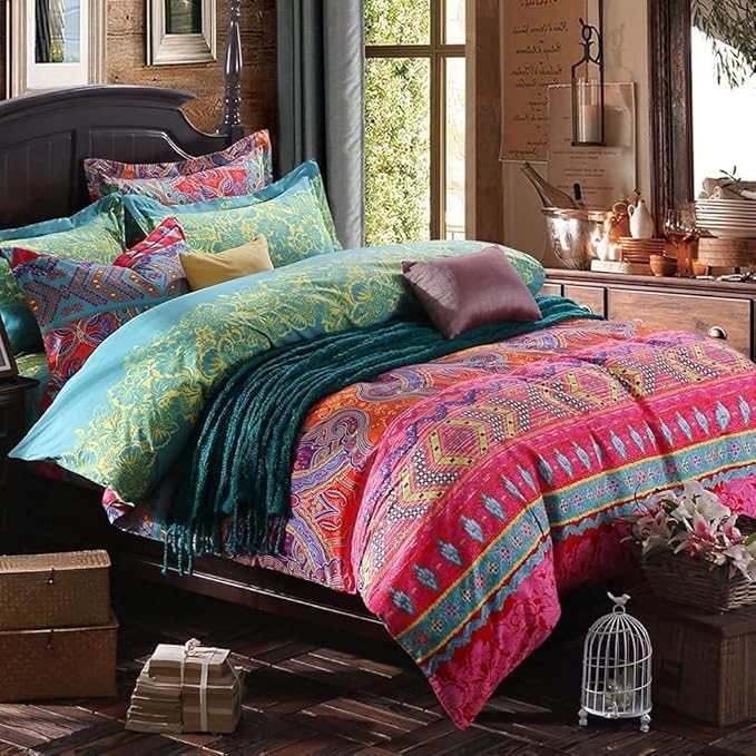 Boho Full Size Comforter Set Soft Chic Boho Comforter Set 3 Pieces Lightweight Exotic Yellow Orange Bohemian Mandala Colorful Retro 1 Boho Comforter and 2 Pillowcases for All Seasons