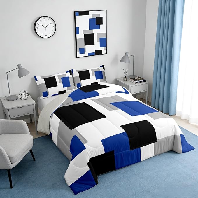 Castle Fairy Blue Black White Comforter Set with 2 Pillowcases,Geometric Grid Splicing Super Soft Microfiber Bedding Set for Adults Teens,Modern Abstract Duvet Set for Room Decor,King