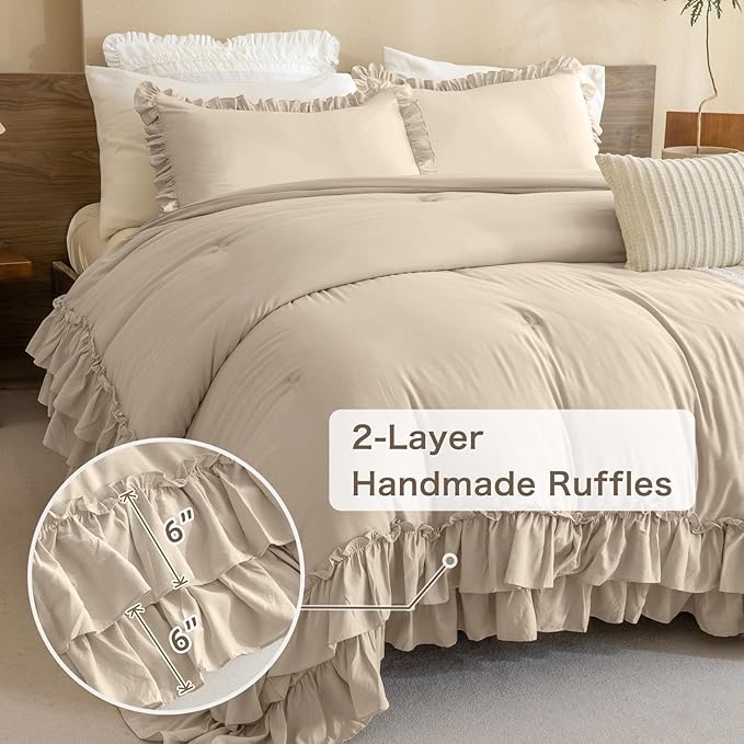 Masaca Farmhouse King Size Comforter Set,Shabby Boho Chic Bedding Ruffled Linen Feel Textured King Bed Comforter Vintage Rustic French Country Bedding Sets 3 Pieces