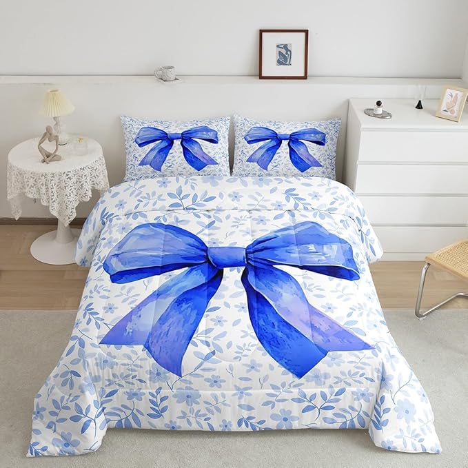 Erosebridal Blue Bow Bedding Set for Kids Boys Girls Teen,Bowknot Bedding Comforter Sets Cute Bow Tie Comforter Set King Size Watercolor Flower Plant Quilt Duvet Room Decor 2 Pillow Cases
