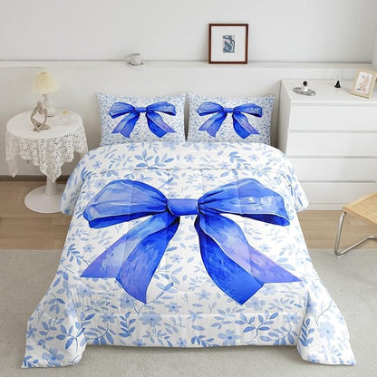Erosebridal Blue Bow Bedding Set for Kids Boys Girls Teen,Bowknot Bedding Comforter Sets Cute Bow Tie Comforter Set Twin Size Watercolor Flower Plant Quilt Duvet Room Decor 1 Pillow Case