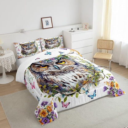 Owl Kids Comforter Set Toddler Size,Jungle Exotic Birds Bedding Set,Boys Girls Men Room Decor,Watercolor Flowers Leaces Down Comforter,Pink Blue Butterfly Duvet Insert,1 Pillowcase