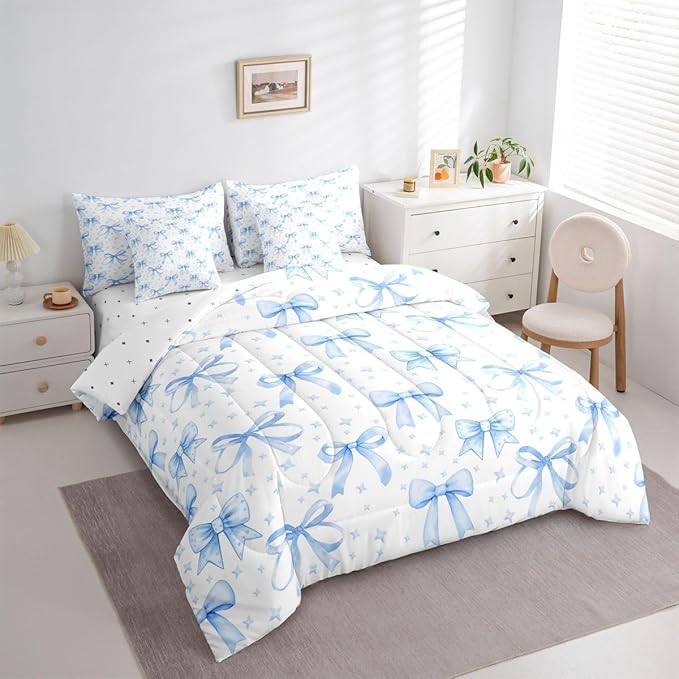 Erosebridal Bowknot Girls Blue Kawaii Comforter Set Queen Size 7 Pieces | Cute Bow Bed in A Bag Princess Bed Set Starry Bedding