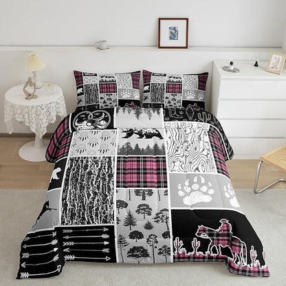 Erosebridal Western Comforter Set King,Bear Horse Cowboy Bedding Set,Pink Geometric Buffalo Grid Quilt,Rustic Famrhouse Duvet Insert Dream Catcher Arrow Decor 3Pcs for Kids Boys Teens Bedroom