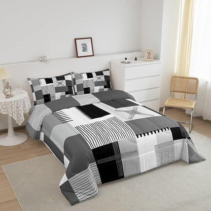 Erosebridal Black White Grey Comforter Set Toddler Gray Abstract Bedding Set for Kids Boys Adults Men Geometric Square Quilt Grids Checkered Duvet Insert Modern Fashion Room Decor 2 Pcs