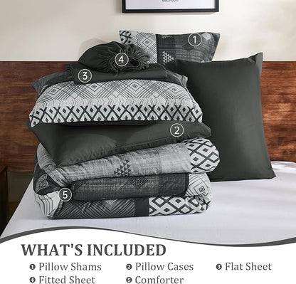 Xruibed Grey Queen Comforter Set 7 Pieces, Gray Boho Striped Bed in a Bag Queen Size Soft Microfiber All Season Bedding Set with Comforter, Sheets, Pillowcases & Shams(90"×90")
