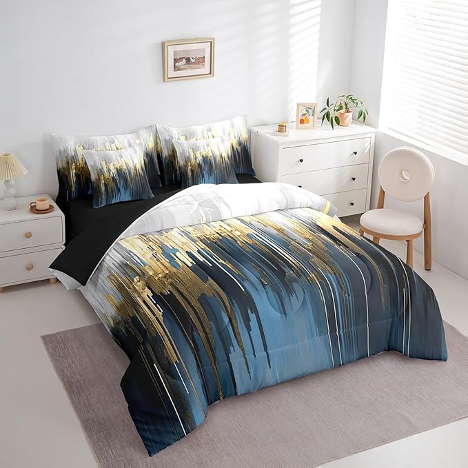 Navy Blue King Comforter Set 7 Pieces Gradient Brush Marks Bedding Comforter Sets, Watercolor Stripe Aesthetic Bed in a Bag Greyish White Ombre Bedding Set, Vintage Contemporary Bed Sheets Set
