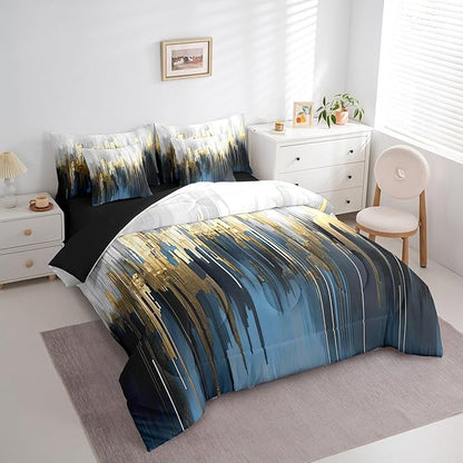 Navy Blue Bedding Comforter Sets 7pcs Gradient Brush Marks Bed in a Bag Watercolor Stripe Aesthetic Twin Bedding Sets Greyish White Ombre Comforter Set, Vintage Contemporary Bedding Sets & Collections