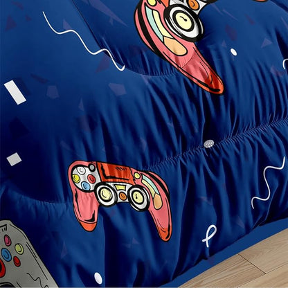 Boys Video Game Comforter Queen Size Dark Blue Gampad Bedding Set for Kids Children Bedroom Decor, 90"x90"
