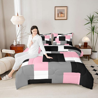 Castle Fairy Modern Abstract Art Comforter Set Toddler Size,Pink Grey Black Bedding Set for Kids Teens Bedroom,Geometric Grid Square Splicing Down Comforter,2 Pcs 1 Pillowcase