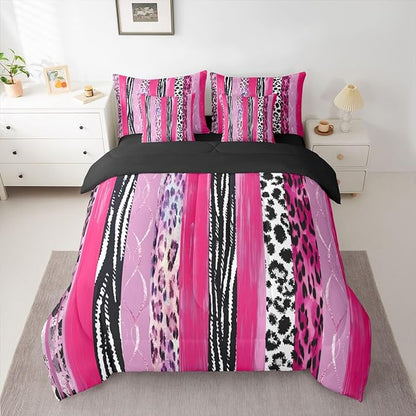 Erosebridal Leopard Print Stripe White Pink Girls King 7-Piece Comforter Set | Cheetah Fur Geometric Sheets and Pillowcases Animal Skin Pattern Bed in A Bag Adults Women Men Bed Sets