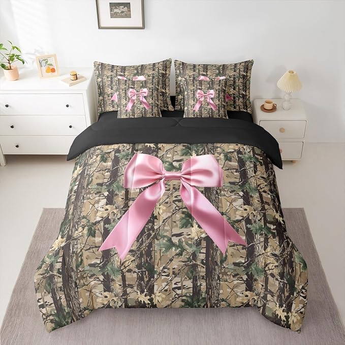 Erosebridal Bowknot Comforter Set Camo Bed in A Bag Queen Size 7 Pieces Hunting Woodland Bow Ribbon Wildlife Deer Bed Set Brown Pink Bedding