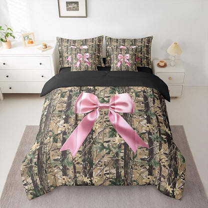 Erosebridal Bowknot King Comforter Set Camo 7-Piece Bed in A Bag Hunting Woodland Bow Ribbon Wildlife Deer Sheets and Pillowcases Brown Pink Bed Sets