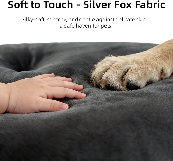 Washable Large Dog Bed for Medium & Large Breeds, Non-Slip Bottom & Plush Faux Silver Fox Fur Oval Cushion Pad for Big Dogs, Soft Mat for Crates, Dark Grey, 41x27 Inch