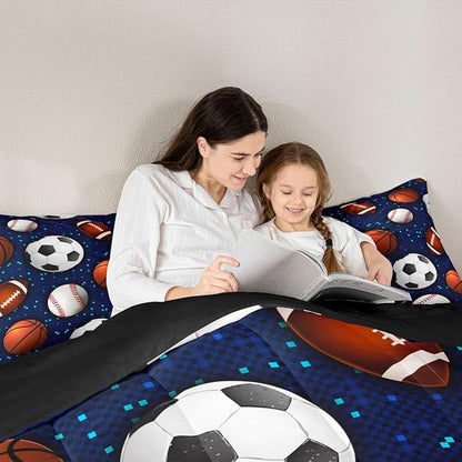 Ball Game Comforter Set for Kids Boys Teens,Baseball Duvet Insert Twin Size,Basketball Soccer Bedding Set Bedroom Decor,Glowing Neon Sports Theme Quilt Comforter with 1 Pillowcase All Season