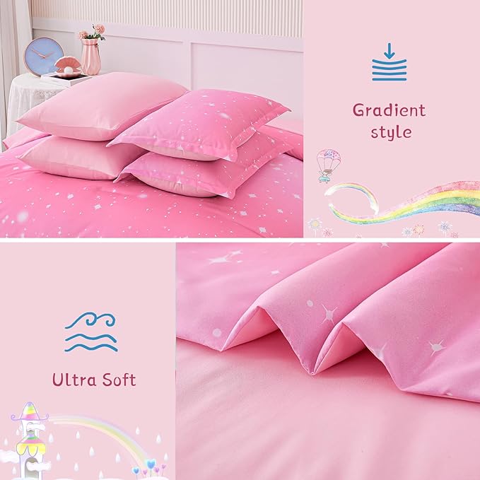 Drucon Pink Glitter Comforter Set Queen Size for Teen Girls, Ombre Galaxy Bedding Set 7 Pieces Bed in A Bag (1 Comforter, 1 Flat Sheet, 1 Fitted Sheet, 2 Pillow Shams, 2 Pillowcases)