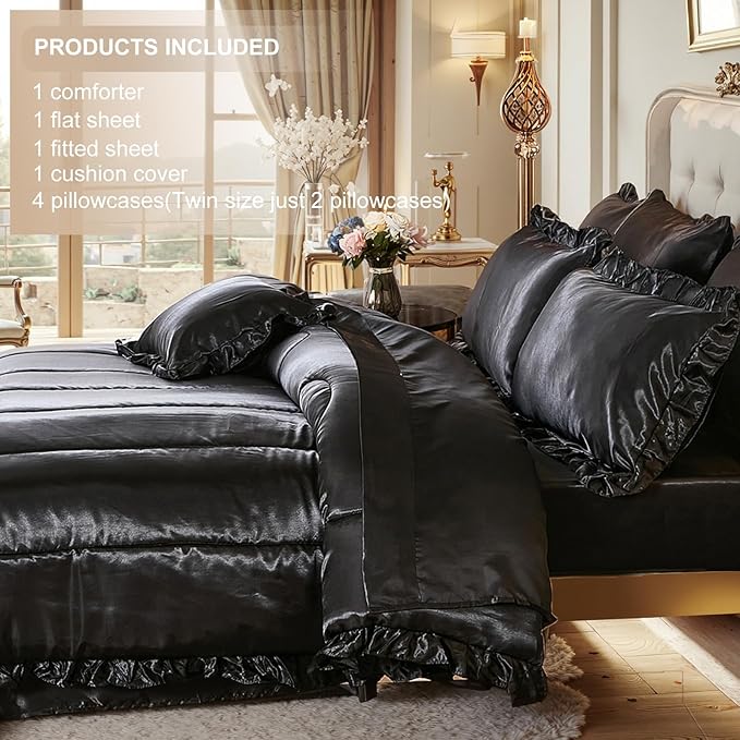 Satin Comforter Set with Sheet Set Queen 8 Pieces Silk Like Black Bedding Silky Ruffle Pattern Luxury Silky Comforter Set with 1 Cushion Cover