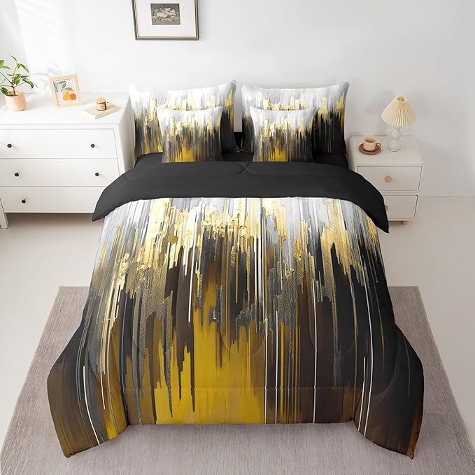 Abstract Graffiti Bedding Comforter Sets 7pcs Brown Yellow Bed in a Bag for Adults, Oil Painting Gradient Twin Bedding Sets Modern Artwork Comforter Set, Ombre Brush Strokes Bedding Sets & Collections
