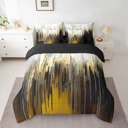 Abstract Graffiti Bedding King Size 7-Piece Brown Yellow Comforter Set for Adults, Oil Painting Gradient Bedding Comforter Sets Modern Artwork Bed in a Bag, Ombre Brush Strokes Bedding Accessories