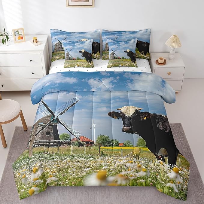 Erosebridal 7Pcs King Comforter Set with Sheets, Rustic Cow Print Bedding Set for Kids, Windmill Decor Natural Dandelion Bed in a Bag Comforter Sets for Boys Girls Farmhouse Decor