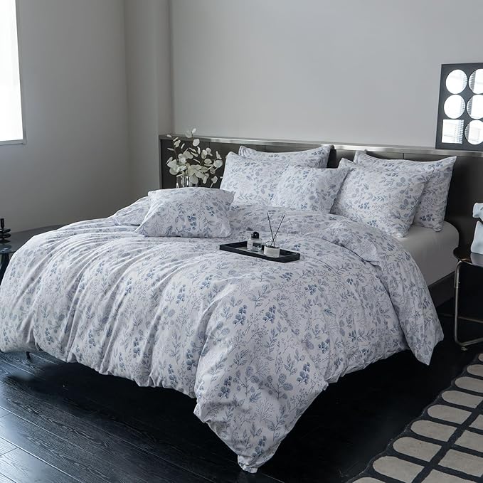 King Comforter Set Floral 3 Pieces Soft Cute Flower Bedding Comforter Sets Garden Style Blue Flower Print Botanical Comforter King for All Seasons 1 Comforter and 2 Pillowcases