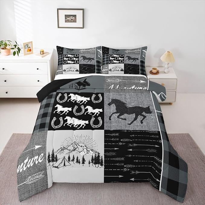 Erosebridal Southwestern Comforter Set Queen Size, Kids Boys Western Horse Bedding Set Retro Horseshoe Riding Boots Duvet Insert Rustic Arrow Adventure Themed Down Comforter Cabin Lodge Decor, Grey