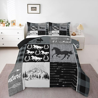 Erosebridal Southwestern Comforter Set King Size, Kids Boys Western Horse Bedding Set Retro Horseshoe Riding Boots Duvet Insert Rustic Arrow Adventure Themed Down Comforter Cabin Lodge Decor, Grey