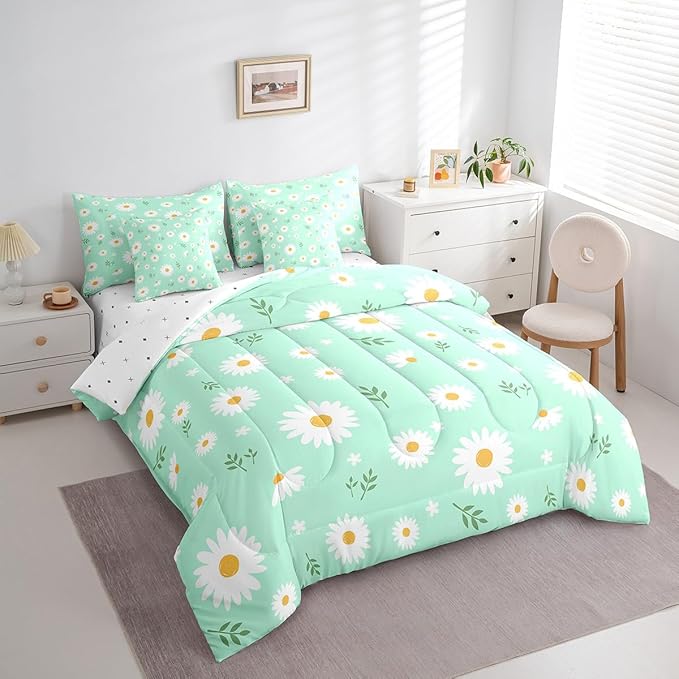 Feelyou Daisy Comforter Set with Sheets for Girls Boys Kids Full Size Botanical Floral Printed 7 Piece Bedding Set Green Blossom Flowers Pattern Bed in a Bag Natural Theme Room Decor Breathable Soft