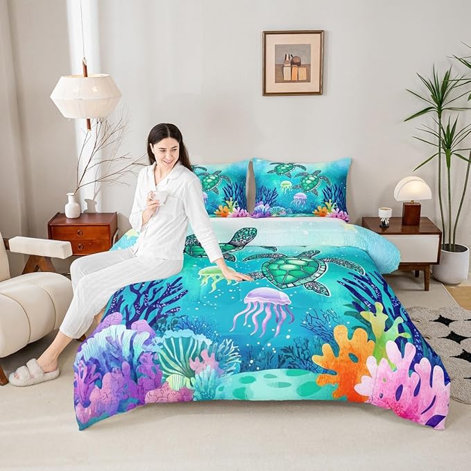 Turtle Bedding Set - Green Blue Ocean Down Comforter Full, Colorful Underwater World Comforter Set for Kids, Nautical Sea Animal Reptile Bed Quilt Under Sea Fish Jellyfish Bedroom Decor