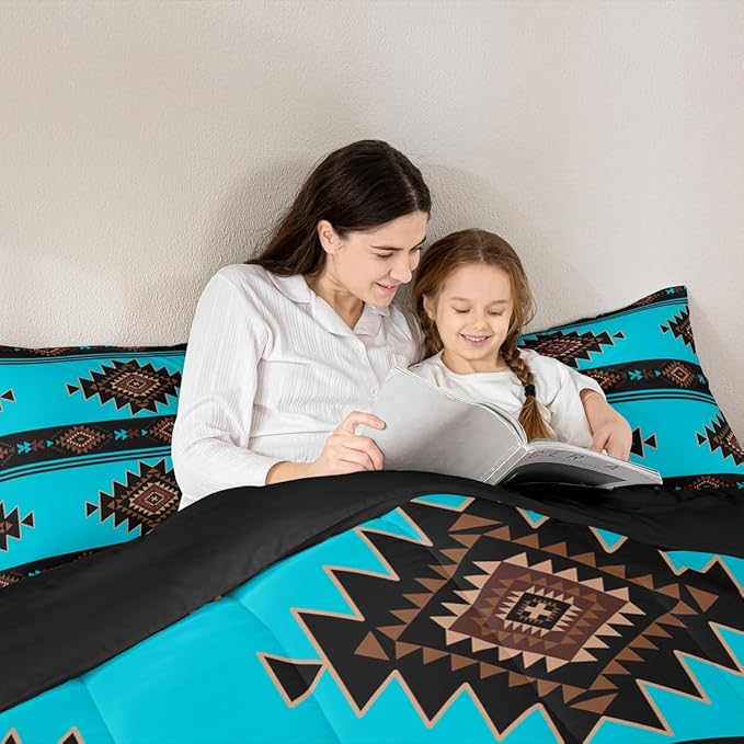 Queen Size Western Aztec Comforter Set, Native American Navajo Bedding Set for Boys Adult Teens, Southwestern Geometric Quilt Ethnic American Native Duvet Insert Rustic Farmhouse Decor, Blue