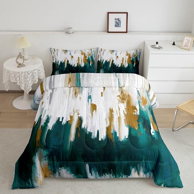 Erosebridal Teal Bedding King Graffiti Ombre Comforter Set, Brush Strokes Oil Painting Duvet Insert Modern Contemporary Down Comforter, Chic Vintage Abstract Gradient Bedding Comforter Sets 3 Pieces