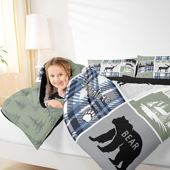 Rustic Cabin Comforter Set, Hunting Bear Deer Bedding Sets Twin, Forest Animal Wildlife Duvet Insert Cabin Decorations For Home, Country Farmhouse Plaid Grid Claw Down Comforter With 1 Pillow Case